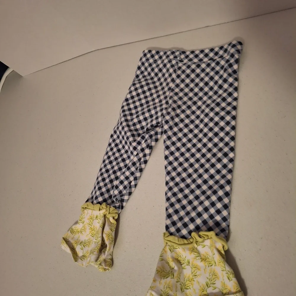Matilda Jane Gingham Ruffle Leggings Blue White‎ Yellow Floral Kids Size 2